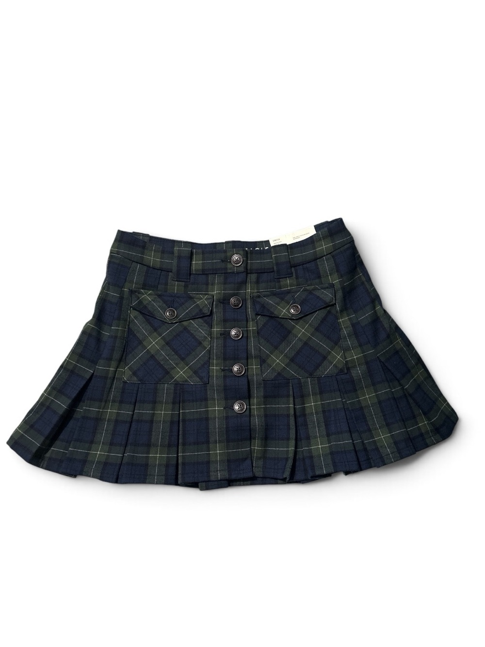 American Eagle Plaid Mini Skirt Mid-Rise Button Front Pleated Blue Green 2 NEW